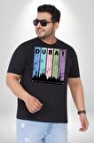 Dubai Şehir Silüeti Renkli Şehir Siyah Büyük Beden Erkek Kadın Unisex Basic Ön Baskılı Tişört