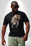 Jaguar Sırtından Çıkan Siyah Büyük Beden Erkek Kadın Unisex Basic Ön Baskılı Tişört