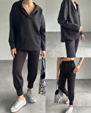 Livizmir Moda Kadın Uzun Kol V Yaka Kapüşon Detay Sweat Ve Yüksel Bel Eşofman Ikili Takım