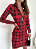 Livizmir Moda Kadın Uzun Kollu Fermuarlı Ekose Baskılı Dalgıç Elbise