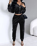 Livizmir Moda Kadın Uzun Kollu önden Fermuarlı Krop Kadife Ceket Ve Pantolon Ikili Takım