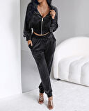 Livizmir Moda Kadın Uzun Kollu önden Fermuarlı Krop Kadife Ceket Ve Pantolon Ikili Takım