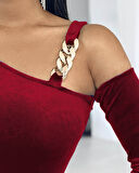 Livizmir Moda Kadın Uzun Kollu Tek Omuzu Açık Tokalı Takma Kol Detaylı Kısa Kadife Elbise