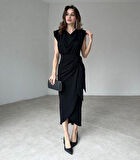 Livizmir Moda Kadın Kolsuz Vatka Detay Degaje Yaka Kruvaze Midi Boy Elbise