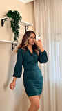 Livizmir Moda Kadın Uzun Kollu V Yakalı Yanlardan Büzgülü Kısa Sandy Elbise