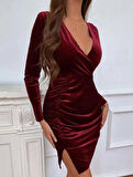 Livizmir Moda Kadın Gögüs Dekolteli Yanları Büzkü Detay Fırsat ürün Kadife Kumaş Mini Elbise