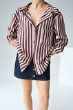 Bordo Kalın Çizgili Kadın Gömlek
