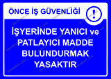 Önce İş Güvenliği İş Yerinde Yanıcı ve Patlayıcı Madde Bulundurmak Yasaktır Uyarı Levhası