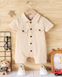 Unisex Bebek&Çocuk %100 Pamuklu Tahta Düğmeli Cepli Müslin Tulum-Ekru | 3-6 ay