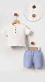Unisex Bebek&Çocuk %100 Pamuklu Çizgili Düğmeli Müslin Şort Takım-Mavi | 5 Yaş