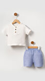 Unisex Bebek&Çocuk %100 Pamuklu Çizgili Düğmeli Müslin Şort Takım-Mavi | 5 Yaş