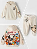 Mickey Mouse Görselli Kapüşonlu Bebek Çocuk Alt Üst Takım-Koyu Bej | 1-2 Yaş