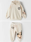 Mickey Mouse Görselli Kapüşonlu Bebek Çocuk Alt Üst Takım-Koyu Bej | 5-6 Yaş