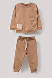 Tarz Etiketli Cepli Mevsimlik Pamuklu Bebek&Çocuk 2'li Alt Üst Takım-Bej | 1-2 Yaş