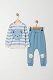 Çizgi Temalı Ayı Görselli Bebek Alt Üst Takım-Turkuaz | 6-9 ay