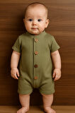 Kısa Kollu Tahta Düğmeli Pamuklu Yazlık Tulum-Yeşil | 12-18 ay