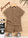 Müslin Cepli Şık Pamuklu 2'li Yazlık Şort Takım-Kahverengi | 4 Yaş