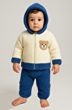 Ayı Nakışlı Kışlık Peluş Welsoft 2'li Kapüşonlu Takım-Mavi | 6-9 ay