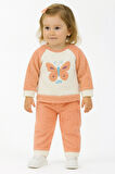 Kelebek Görselli Kışlık Peluş Welsoft Kız Bebek Çocuk 2'li Takım-Turuncu | 12-18 ay