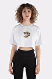 Beyaz %100 Pamuk Bisiklet Yaka Crop T-shirt Naruto Love Ramen
