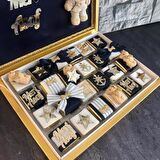 LÜKS AYICIKLI KUTUDA 48 ADET SÜTLÜ MADLEN ÇİKOLATA, ÖZEL SÜSLÜ BEBEK ÇİKOLATASI (LACİVERT-GOLD)