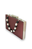 Bordo Renk Çizilmeyen El İzi Yapmayan Mat Saten İnci Saplı Abiye Çanta Gece Çantası Portföy Clutch