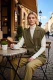 Kadın Ceket Yaka Dokuma Kumaş Kruvaze Oversize Yelek Toka Detaylı Astarlı Regular Boy Büyük Beden