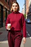 Kadın Dik Yaka Düşük Kol Fermuarlı Regular Kalıp Örme Sweatshirt Fonksiyonel Dayanıklı Şık