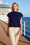Kadın Bluz Crop Regular Kalıp Dik Yaka Yarasa Kol Soft Touch Örme Kumaş Aksesuar Detaylı Kısa Boy