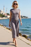 Kadın Kolsuz Bisiklet Yaka Midi Elbise Aksesuar Detaylı Bodycon Kesim Modal Kumaş Günlük Rahat Şık