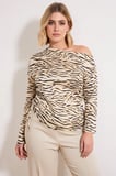 Kadın Büyük Beden Bluz Asimetrik Yaka Düşük Kol Uzun Saten Dokuma Zebra Desenli Regular Boy