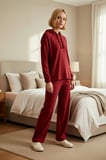 Kadın Kapüşonlu Düşük Kol Relaxed Kalıp Örme Pijama Takımı Uzun Paça Boru Paça Fonksiyonel