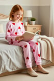 Kız Çocuk Bisiklet Yaka Standart Kol Kalp Baskılı Regular Kız Çocuk Örme Pijama Takımı %100 Pamuk