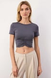 Kadın Bluz Spor Büzgü Detaylı Micro Örme Kumaş Bisiklet Yaka Kısa Kol Fitted Kalıp Düz Desen