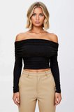 Kadın Bluz Carmen Yaka Uzun Kol Fitted Kalıp Simli Örme Kumaş Düz Desen Regular Boy Parti Ortam