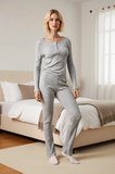 Kadın Havuz Yaka Uzun Kol Regular Kalıp Çizgili Yarım Patlı Fitilli Örme Pijama Takımı Şık
