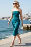 Kadın Straplez Midi Elbise Düğme Detaylı Bodycon Kesim Esnek Dokuma Kolsuz Zarif Günlük Rahat Modern