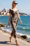 Kadın Zebra Desenli Carmen Yaka Kolsuz Bodycon Midi Elbise Tül Astarlı Party Günlük Rahat Modern