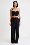 Kadın Büyük Beden İnce Askılı Kalp Yaka Büzgülü Crop Top Uzun Pantolon Plaj Takımı Günlük Rahat