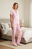 Kadın Gömlek Yaka Kısa Kol Eğlence Desenli Pijama Takımı Regular Kalıp Kaliteli %100 Pamuk