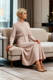Kadın Maxi Elbise Bodycon Kayık Yaka Uzun Kol Örme Sandy Kumaş Düz Astarsız Kesim Tam Boy