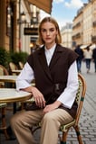 Kadın Ceket Yaka Dokuma Kumaş Kruvaze Oversize Yelek Toka Detaylı Astarlı Regular Boy Büyük Beden