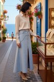 Kadın Maxi Denim Etek Yüksek Bel Yırtmaçlı Uzun Kesim %99 Pamuk Konforlu Rahat Günlük Modern Şık