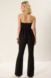 Kadın Straplez Düğmeli Peplum Bluz Flare Pantolon Dokuma İki Parça Takım Astarlı Günlük Rahat Modern
