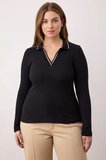 Kadın Bluz Polo Yaka Uzun Standart Kol Fitted Örme Fitilli Kaşkorse Esnek Düz Desen Regular Boy