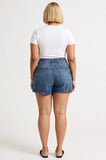 Kadın Büyük Beden Şort Denim Yüksek Bel Lastikli Mom Kesim Mini Boru Paça Rigid Dokuma