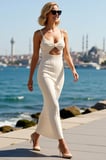 Kadın Kolsuz Triko Maxi Elbise Balıkçı Yaka Cut Out Detaylı Plaj Giyimi Rahat Günlük Modern Şık