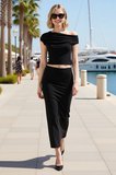 Kadın Büyük Beden Asimetrik Yaka Drape Detaylı Vücuda Oturan Esnek Örme Crop Top Uzun Etek Takımı