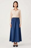 Kadın Maxi Denim Etek Dökümlü Tencel Kumaş Beli Lastikli Cepli Rahat Kesim Günlük Modern Şık Zarif
