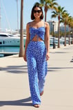 Kadın Büyük Beden Etnik Desenli Crop Top Gipeli Straplez Bluz Geniş Paça Pantolon Takımı Günlük